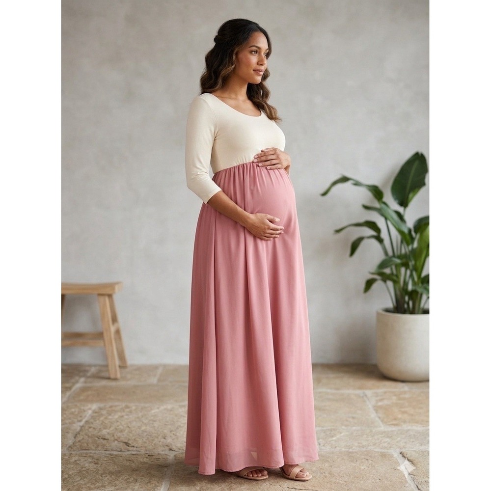 PinkBlush Maternity Maxi Dress Empire‎ Waist Boho Romantic Baby Shower Gown
